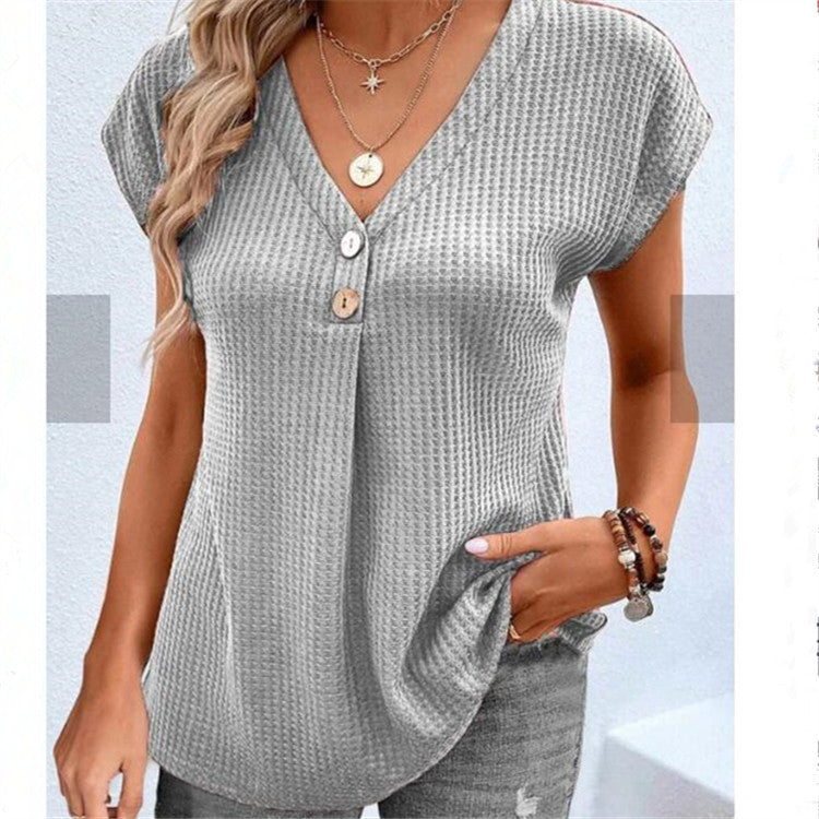 Women's Clothing European And American Top Solid Color Buttons Fashion Short Sleeve - Chic Angle